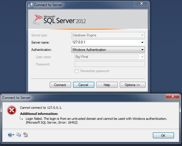 Sql Server Fix Error Cannot Connect To Login Failed Logon Is From An Untrusted Domain And Cannot Be Used With Windows Authentication Microsoft Sql Server Error 18452