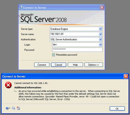 SQL SERVER - Fix : Error : 1326 Cannot connect to Database Server Error: 40  - Could not open a connection to SQL Server - SQL Authority with Pinal Dave