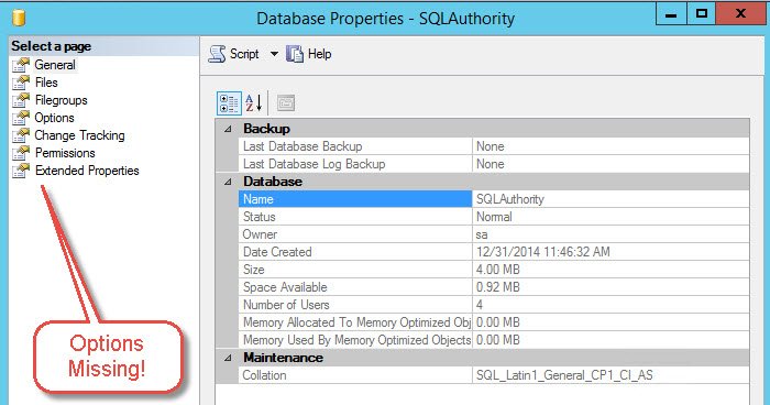 SQL SERVER - Fix - Missing “Mirroring” and “Transaction Log Shipping” option in the Database Properties ssms-missing-01 