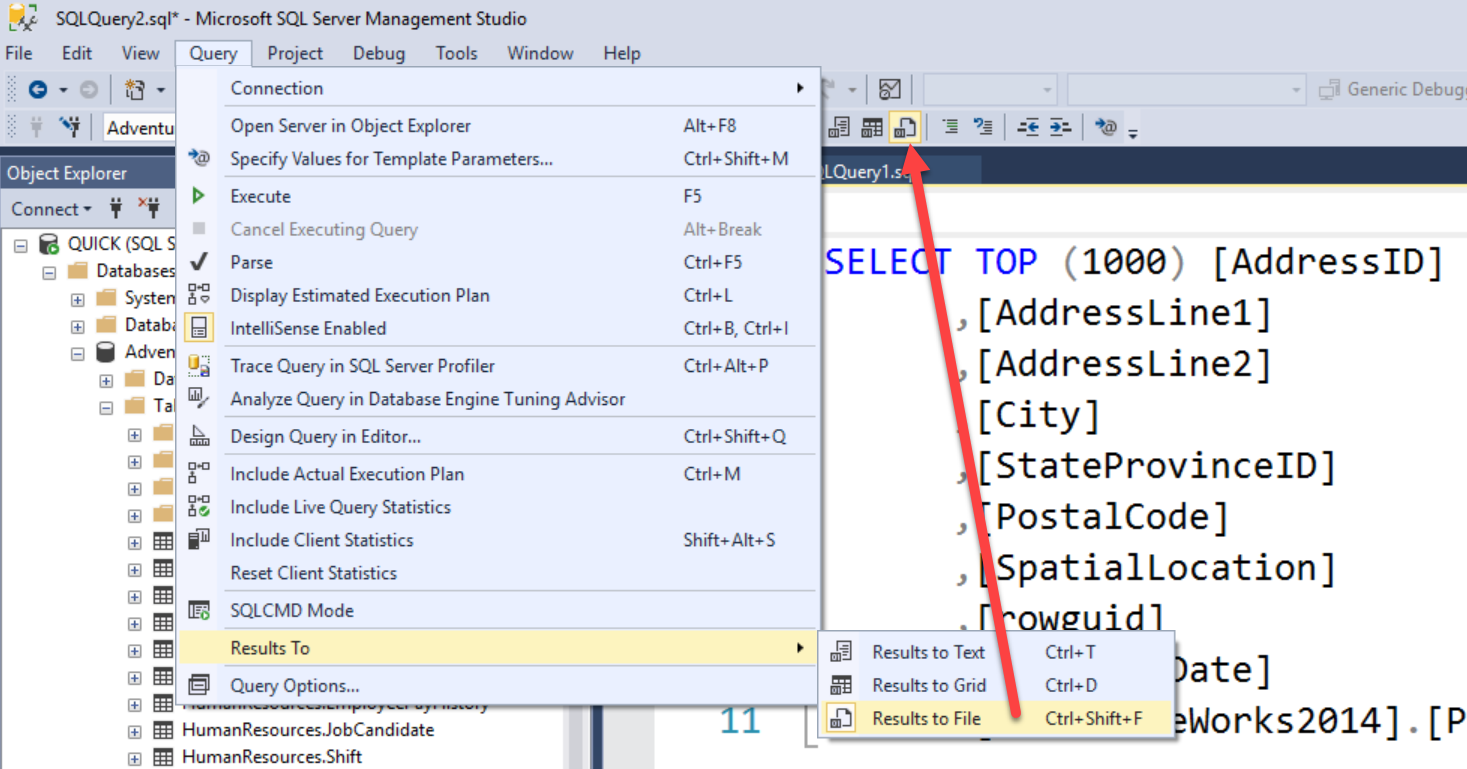 sql query for excel