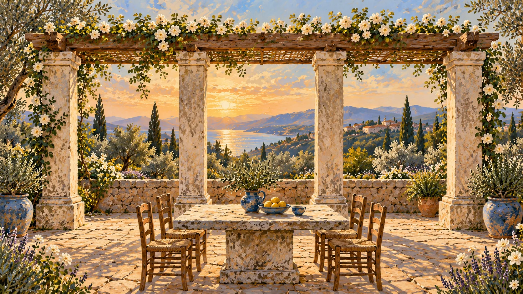 Four stone columns support a vine-covered wooden pergola above a stone dining table and chairs.