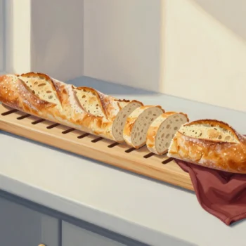 A baguette resting in a slotted wooden slicing guide, a few slices cut and the long uncut end beside a red cloth.