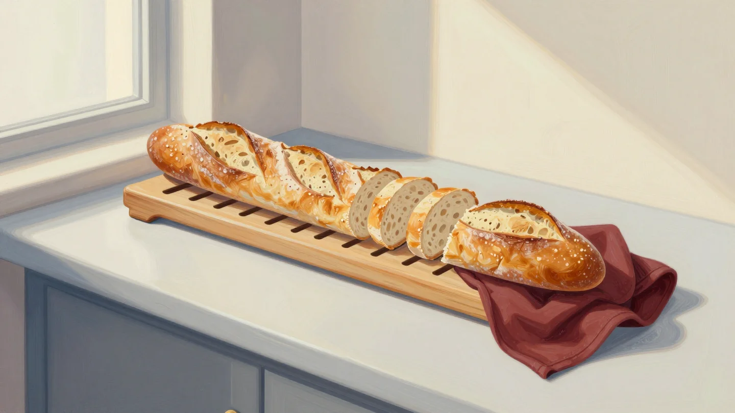 A baguette resting in a slotted wooden slicing guide, a few slices cut and the long uncut end beside a red cloth.