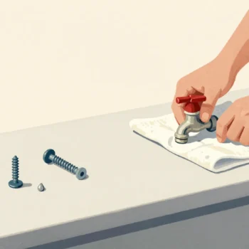 Hands placing a leaking tap assembly on a cloth at a shop counter, its worn washer and screw laid out in a row