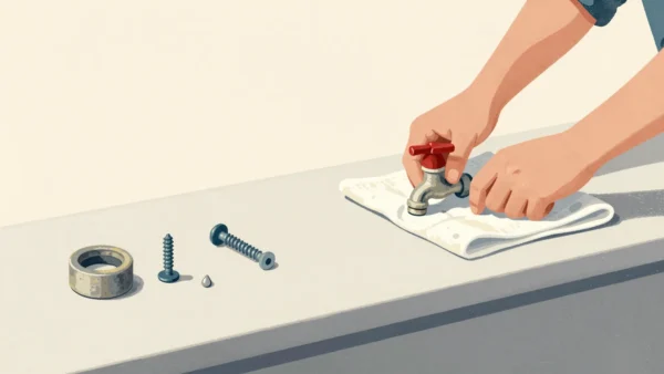 Hands placing a leaking tap assembly on a cloth at a shop counter, its worn washer and screw laid out in a row