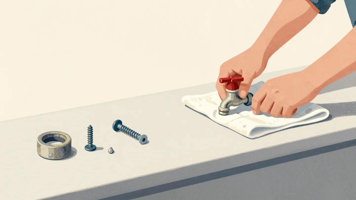 Hands placing a leaking tap assembly on a cloth at a shop counter, its worn washer and screw laid out in a row