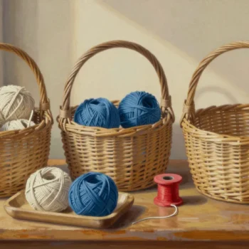 Cream and slate twine balls occupy two wicker baskets, a third stays empty, and a shared tray holds both colors