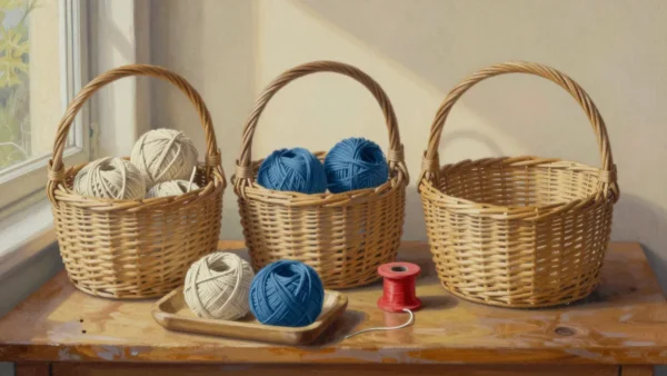 Cream and slate twine balls occupy two wicker baskets, a third stays empty, and a shared tray holds both colors