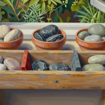 Three stone groups stay in order across differently shaped dividers and matching clay bowls