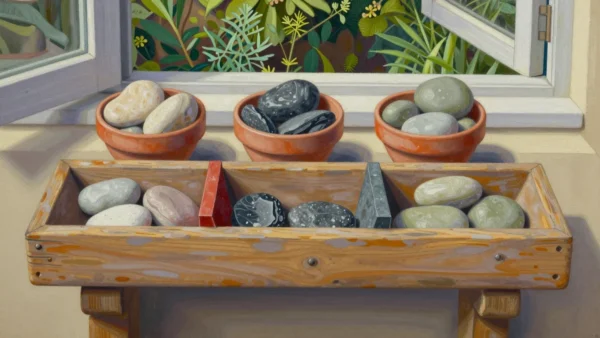 Three stone groups stay in order across differently shaped dividers and matching clay bowls