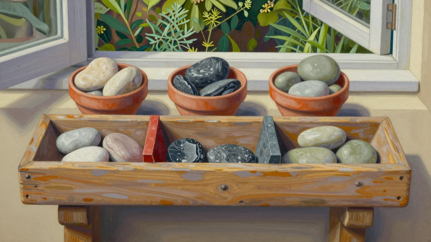 Three stone groups stay in order across differently shaped dividers and matching clay bowls