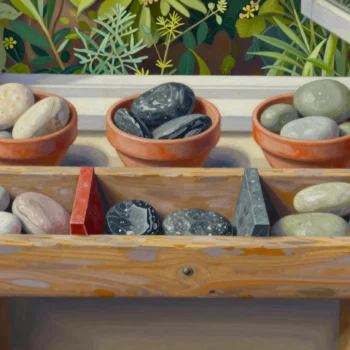 Three colored stone groups in a divided wooden tray beneath three terracotta bowls of stones.
