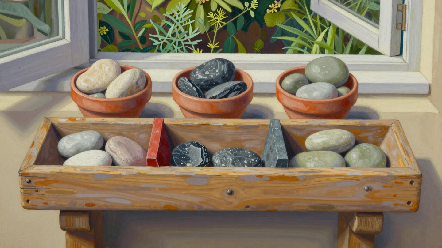 Three colored stone groups in a divided wooden tray beneath three terracotta bowls of stones.