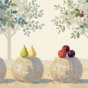 Gouache painting: two rows of four hay bales stand in an orchard