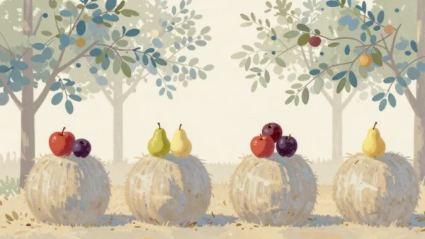 Gouache painting: two rows of four hay bales stand in an orchard