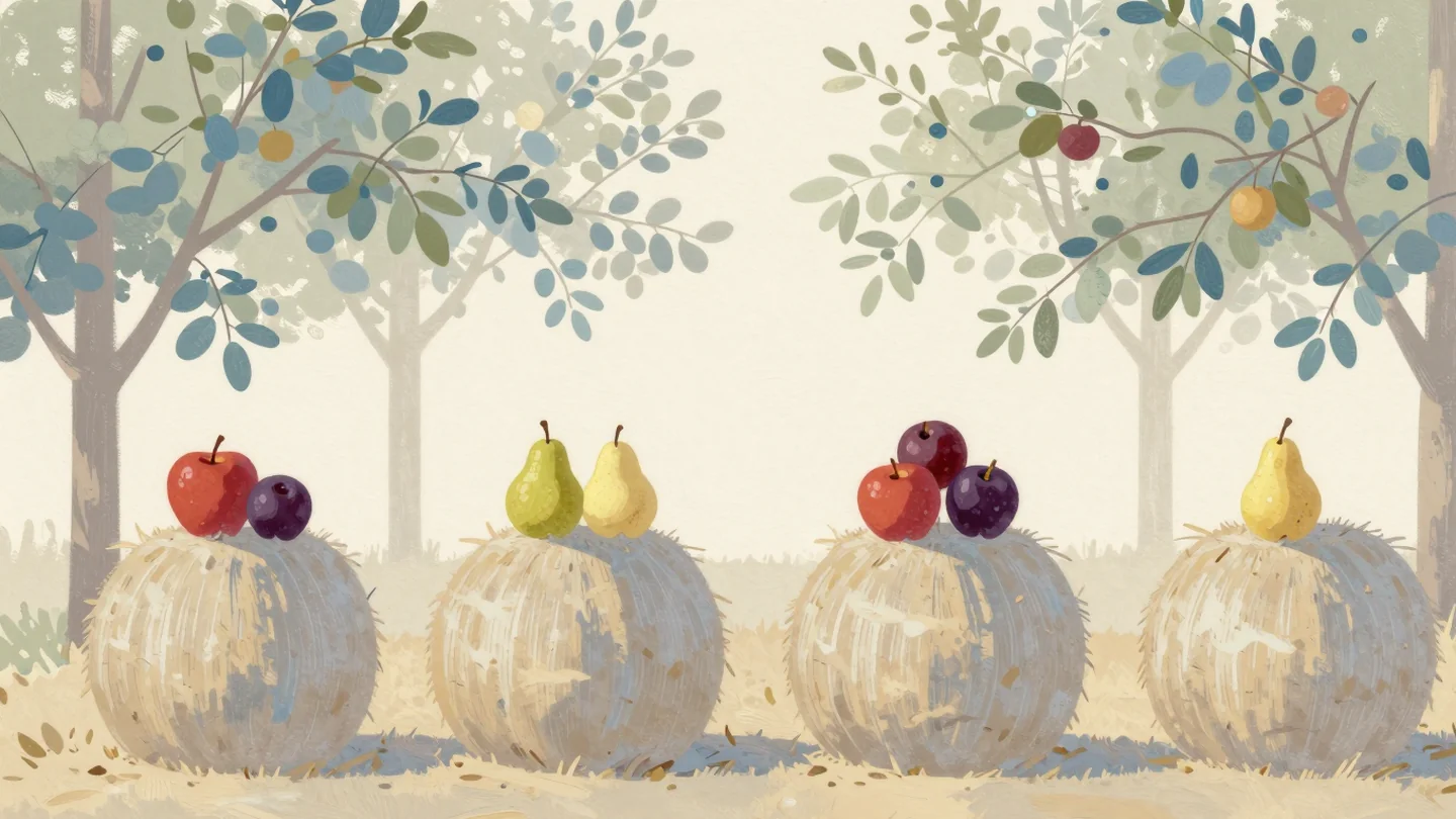 Gouache painting: two rows of four hay bales stand in an orchard