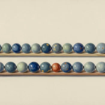 Two rows of blue and pale ceramic beads on wooden guides, with one terracotta bead.