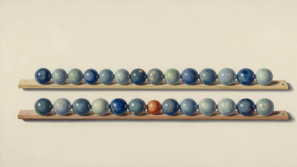 Two rows of blue and pale ceramic beads on wooden guides, with one terracotta bead.