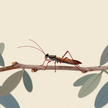 A stick insect hidden among twigs in a hedge, given away only by its thin red legs