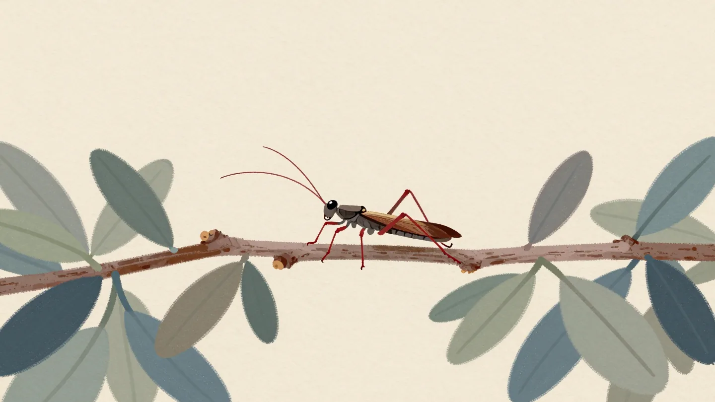 A stick insect hidden among twigs in a hedge, given away only by its thin red legs