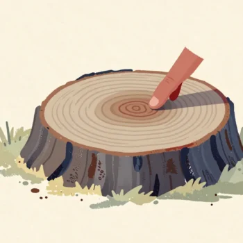 A fingertip tracing one dark growth ring on a freshly cut tree stump in a forest clearing
