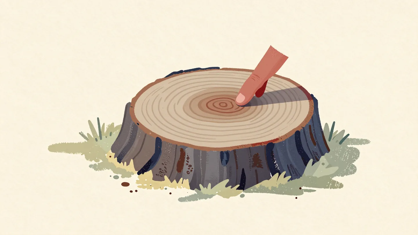 A fingertip tracing one dark growth ring on a freshly cut tree stump in a forest clearing