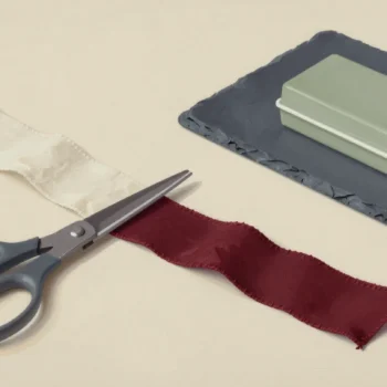 Metal scissors beside cream and vermilion ribbon strips, with a sage box on slate cloth.