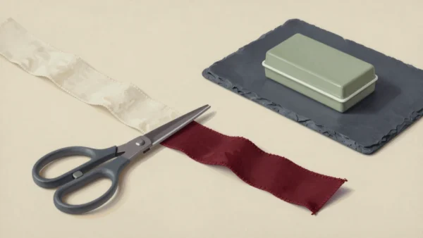 Metal scissors beside cream and vermilion ribbon strips, with a sage box on slate cloth.