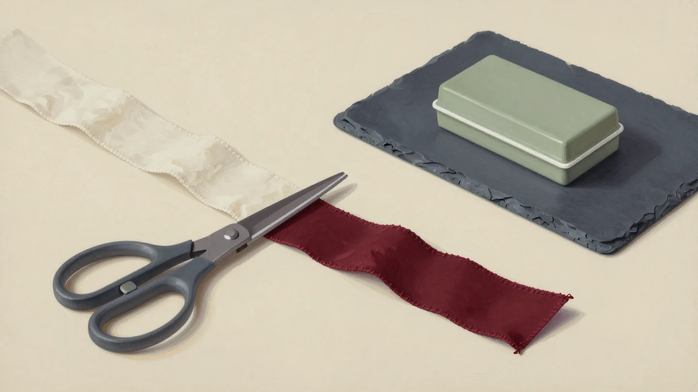 Metal scissors beside cream and vermilion ribbon strips, with a sage box on slate cloth.