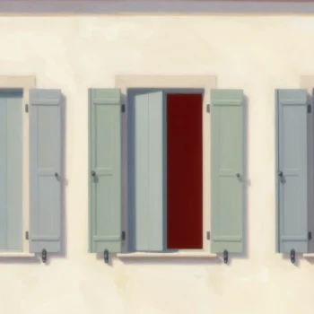 Gouache painting: four wooden window shutters stand in a row on a cream plaster farmhouse wall, the first and fourth closed, the second open