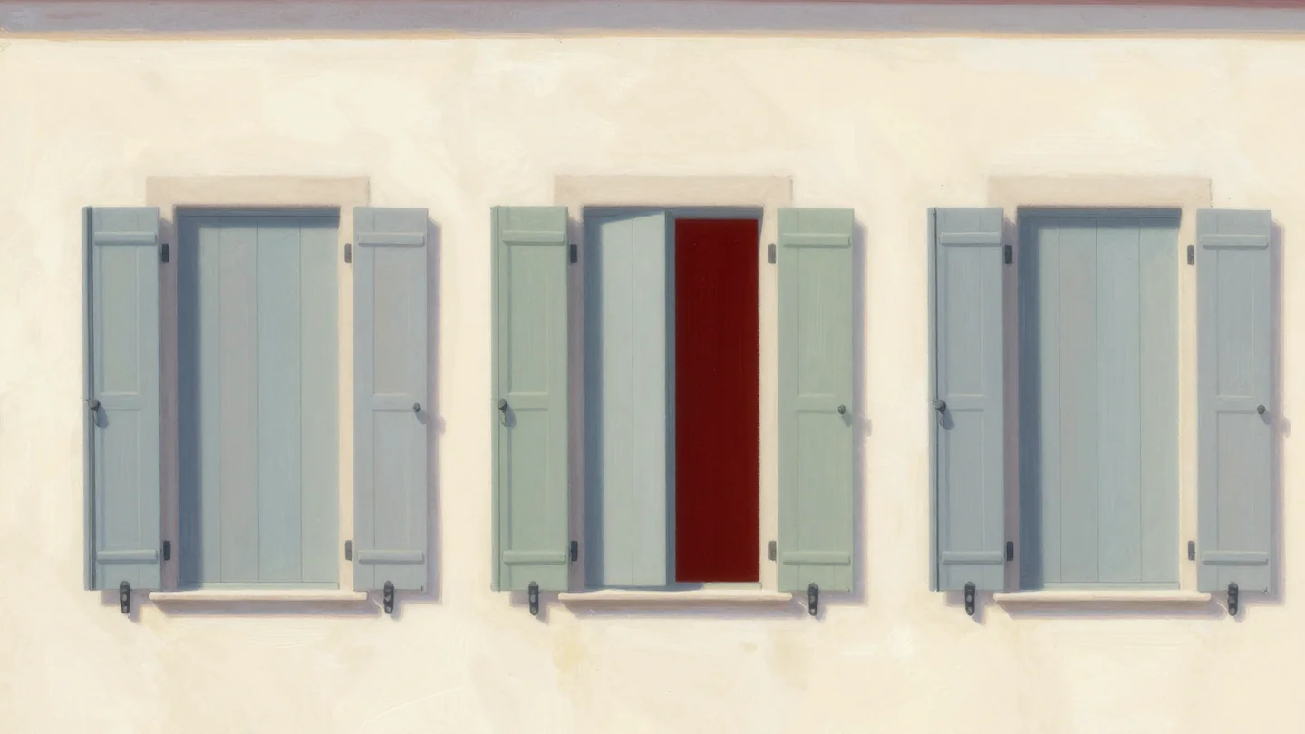 Gouache painting: four wooden window shutters stand in a row on a cream plaster farmhouse wall, the first and fourth closed, the second open