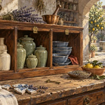 Three cabinet compartments holding cream bottles, sage jars and blue bowls, with a brass key on the workbench.
