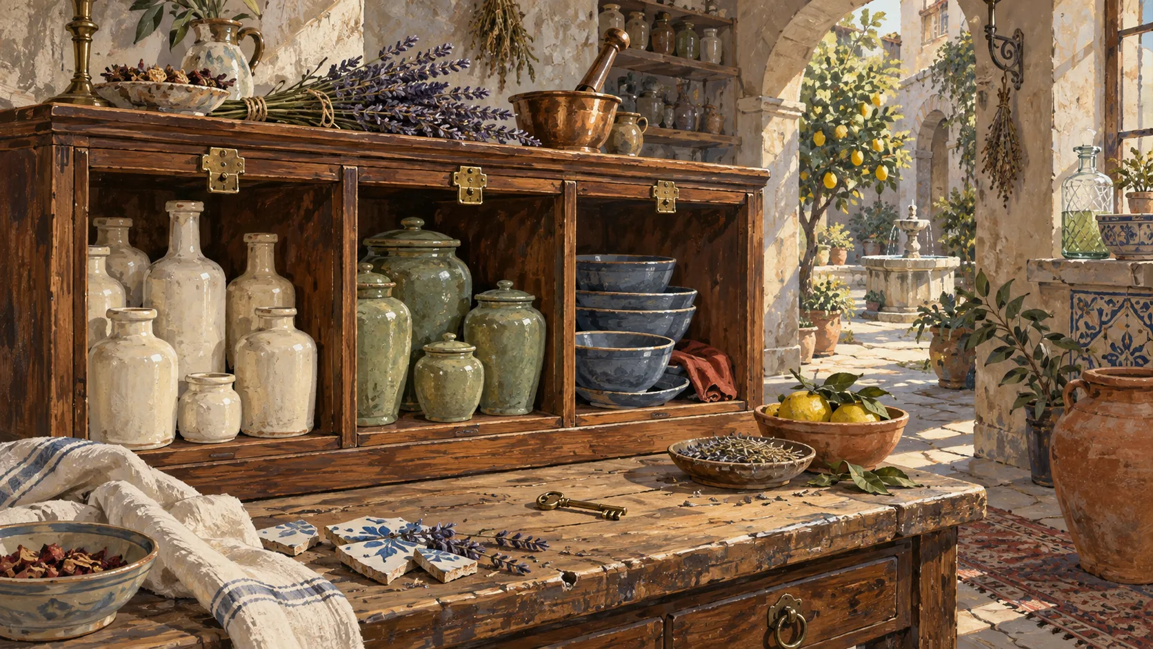 Three cabinet compartments holding cream bottles, sage jars and blue bowls, with a brass key on the workbench.
