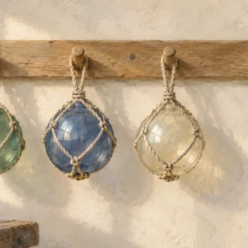 Three glass fishing floats in rope nets hanging from three of four wooden pegs, the last peg left empty.
