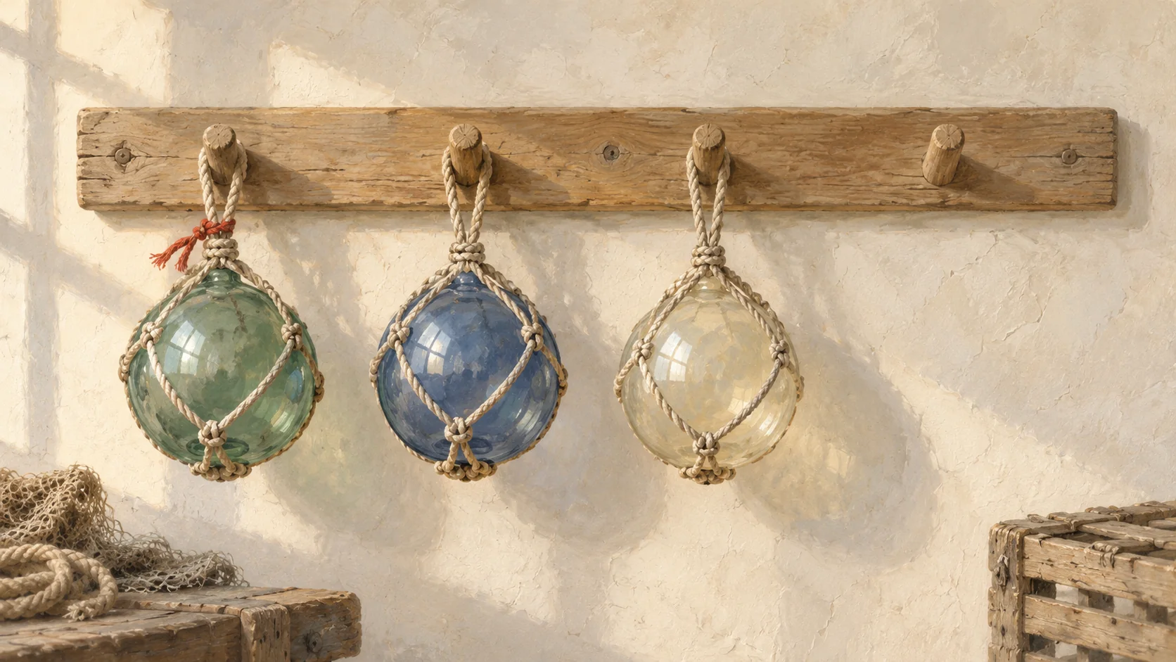 Three glass fishing floats in rope nets hanging from three of four wooden pegs, the last peg left empty.