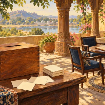 A slotted wooden ballot box sits beside plain paper cards on a veranda near a small courtyard table.