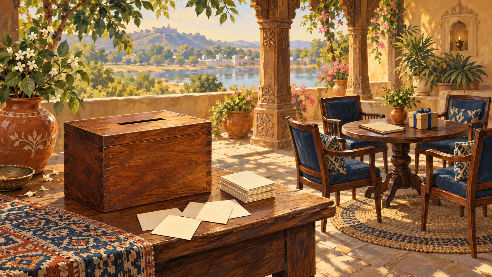 A slotted wooden ballot box sits beside plain paper cards on a veranda near a small courtyard table.