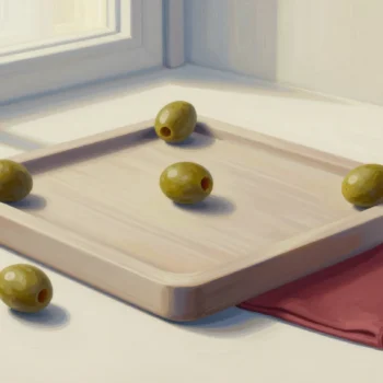 Green olives placed inside, on the rim of and outside a square wooden tray beside a red cloth.