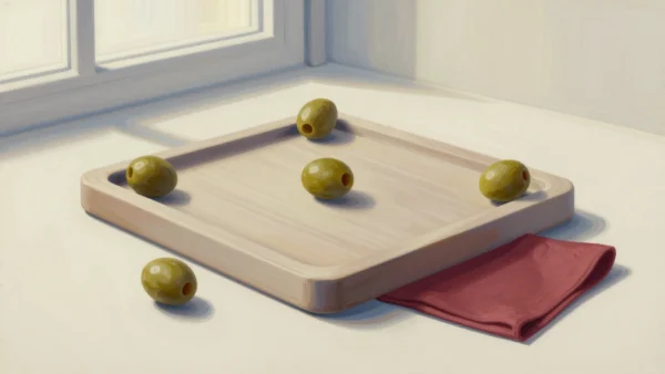 Green olives placed inside, on the rim of and outside a square wooden tray beside a red cloth.