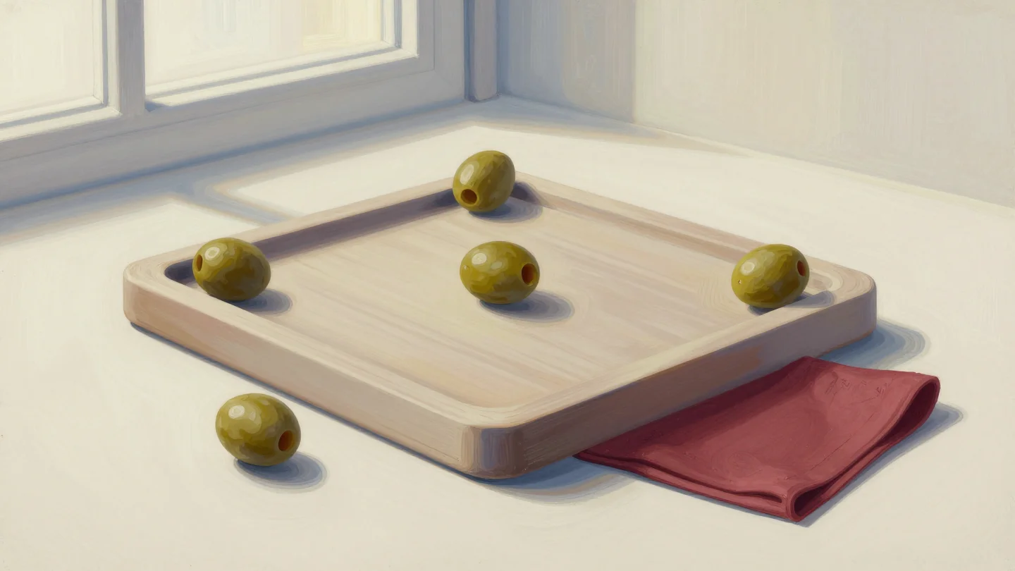 Green olives placed inside, on the rim of and outside a square wooden tray beside a red cloth.