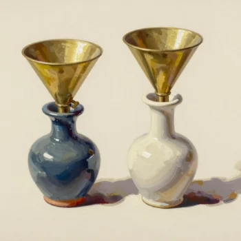 Two brass funnels resting in slate and ivory ceramic vessels.
