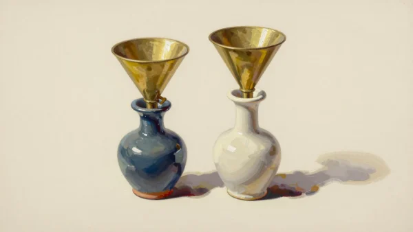 Two brass funnels resting in slate and ivory ceramic vessels.