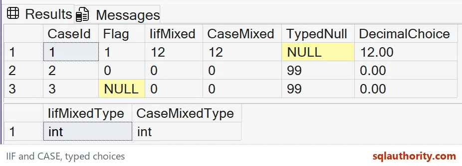 Native SSMS results showing three IIF and CASE choices, NULL handling and both mixed-branch expressions returning int.