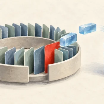 A circular tray of recent memory records with one red alert card beside a shrinking stack of memory blocks