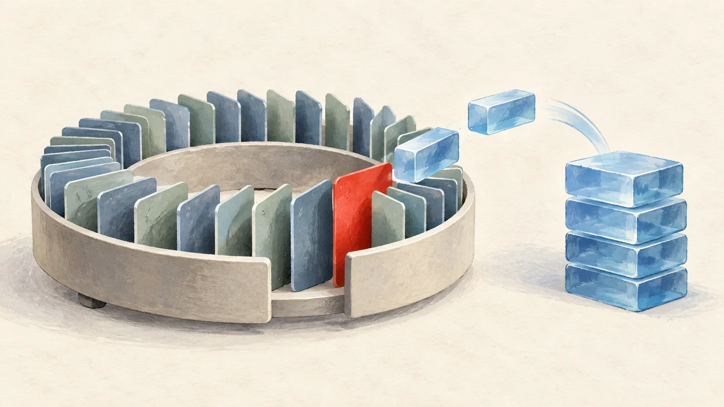 A circular tray of recent memory records with one red alert card beside a shrinking stack of memory blocks