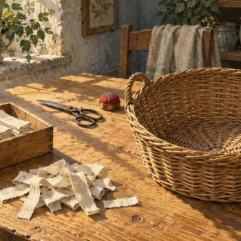 Short folded linen strips and discarded offcuts sit beside a larger empty wicker basket