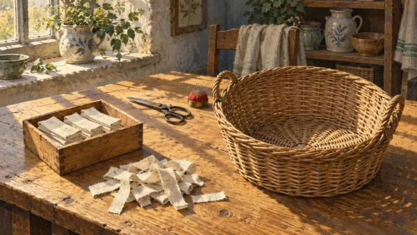 Short folded linen strips and discarded offcuts sit beside a larger empty wicker basket