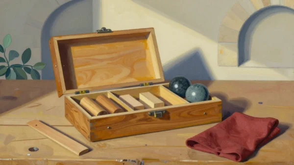 Two wooden cylinders, small blocks and polished stone spheres occupy three compartments of an open specimen case