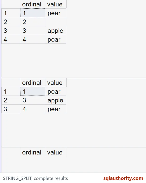 Native SSMS results show all four original tokens, three filtered tokens retaining their original ordinals, and the empty result for NULL input.