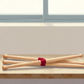 Gouache painting: on a felt-lined bench in a rehearsal room, four drumsticks lie jumbled